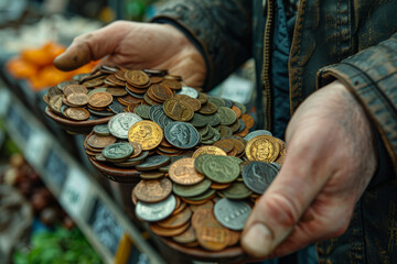 Sticker - A person frantically searching for loose change in their pockets to scrape together enough money for groceries. Concept of financial desperation and food insecurity. Generative Ai.