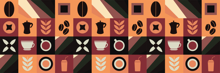 Wall Mural - Geometric pattern coffee design seamless pattern banner poster set coffee elements vector design design elements