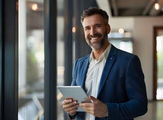 Poster - Portrait of a smiling, confident businessman using a digital tablet while standing in an modern office, stock photo with space for text copy 