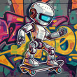 sticker of a robot on skateboard, futuristic, cool pose, urban graffiti background