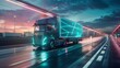 Futuristic Technology Concept: Autonomous Self-Driving Lorry Truck with Cargo Trailer Drives on the Road with Scanning Sensors. Special Effects of a Zero-Emissions Electric Vehicle Analyzing Freeway