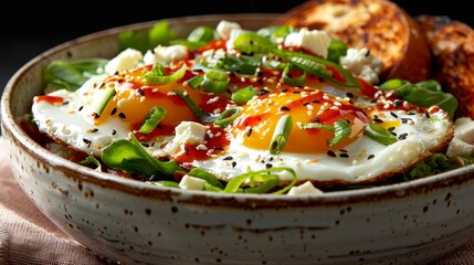 Sticker -   A tight shot of a bowl filled with lettuce, topped with eggs and a side of bread