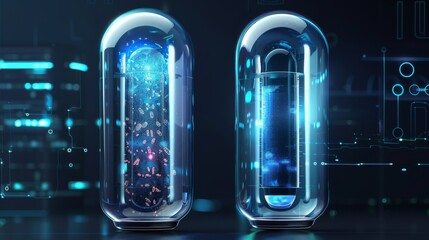 Cryonics capsules, empty and full futuristic containers, glass tubes with cryogenic liquid for hibernation. Scientific technology camera, Sci-fi laboratory equipment, Realistic 3d vector illustration