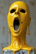 A yellow statue with a mouth open and dripping on the ground, AI