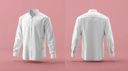 Fototapete - Mockup of a blank long sleeve collared shirt, exhibiting front and back views. This plain t-shirt mockup is suitable for tee design presentations, rendered in 3D illustration.