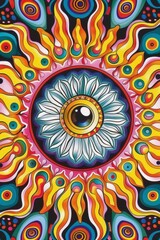 Wall Mural - a colorful psychedelic painting with a large eye in the center, ai