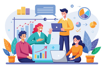 Poster - Group of People Gathered Around Laptop, office people discussing online about business growth, Simple and minimalist flat Vector Illustration