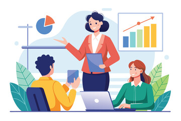 Poster - Office secretary presenting to colleagues during a meeting in a conference room, Office secretary doing meeting presentation, Simple and minimalist flat Vector Illustration