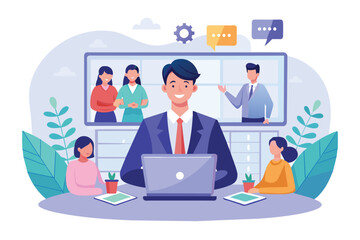 Poster - A man is typing on a laptop while facing a group of people in a meeting or presentation, Online business conference, virtual meeting, Simple and minimalist flat Vector Illustration