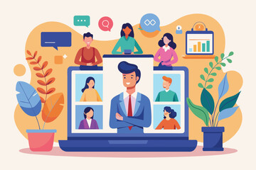 Poster - A man sitting at a laptop attending a virtual meeting with people displayed on the screen, Online business conference, virtual meeting, Simple and minimalist flat Vector Illustration