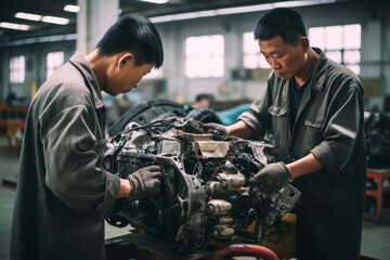 Asian Chinese men working in a car factory