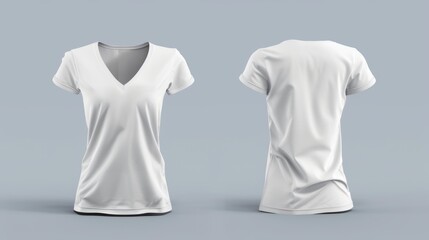 Fototapete - Women's t-shirt with a v-neck mockup, displaying front and back views. This design presentation is intended for print purposes, rendered in 3D illustration for a realistic portrayal.