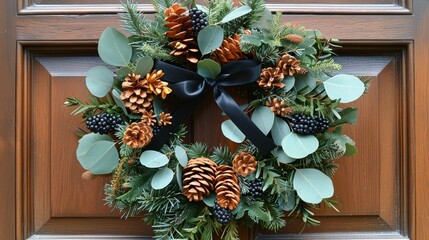 Sticker -   A wreath adorned with pine cones, evergreens, berries, and a black bow on a wooden door