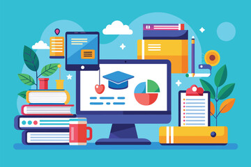 Poster - Graduation Cap on Computer Screen, Online courses and tutorials using computers and laptops, Simple and minimalist flat Vector Illustration