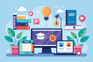 Poster - Computer With Graduation Cap, Online courses and tutorials using computers and laptops, Simple and minimalist flat Vector Illustration