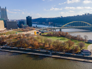 Wall Mural - Aerial landscape of bridge and skyline and river during fall in Pittsburgh Pennsylvania