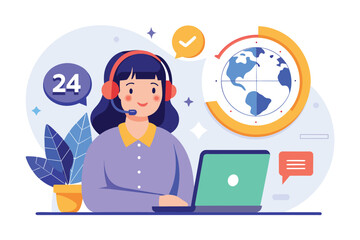 Poster - Woman With Headphones Working on Laptop, online customer service call and chat, 24 hours global, Simple and minimalist flat Vector Illustration