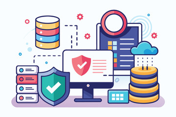 Poster - computer shield check mark, online data security and sql technology, simple and minimalist flat vect