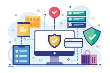 Sticker - Shield placed on computer screen for online data security, Online data security solution, Simple and minimalist flat Vector Illustration