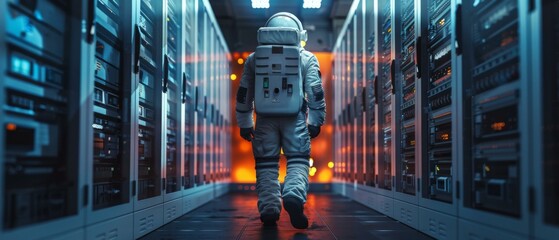 A man in an astronaut suit walking down a hallway. Generative AI.