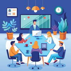 Poster - A group of individuals seated around a table, all focused on their laptops, engaged in an online meeting, Online meeting room trending, Simple and minimalist flat Vector Illustration