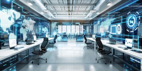 Leinwandbilder - Global Cyber Command Center: Futuristic Control Room with Advanced Digital Interfaces for Monitoring and Security Operations, Generative AI