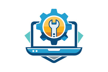 Poster - a laptop with a wrench placed on top of it, showcasing online repair service concept, online repair 
