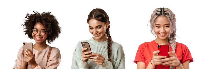 Assortment of beautiful happy females with smartphones from diverse ethnic backgrounds, Isolated on Transparent Background, PNG