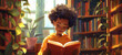 A black girl reading in the library, wearing an orange sweatshirt and smiling