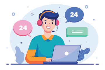 Poster - A man wearing headphones is seated in front of a laptop, engaged in an online activity, online service or 24-hour customer support chat, Simple and minimalist flat Vector Illustration