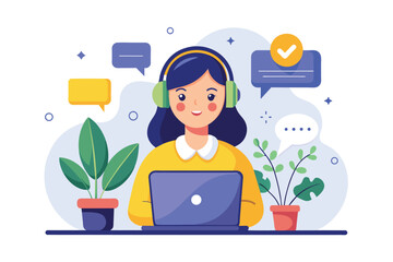 Poster - Woman Working at Desk With Laptop and Headphones, online service or customer support chat, Simple and minimalist flat Vector Illustration