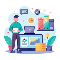 Poster - A man is standing in front of a computer screen, engaged in work or research, Online services or professional market platforms, Simple and minimalist flat Vector Illustration