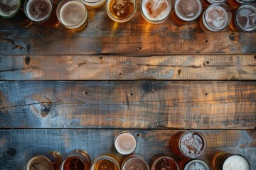 rustic wooden background with an aerial view of multiple glasses and beers Generative AI