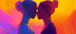 Two women in love, their faces close together, touching foreheads against a colorful background