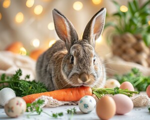 Poster - A rabbit eating a carrot on a table with eggs and other vegetables. Generative AI.