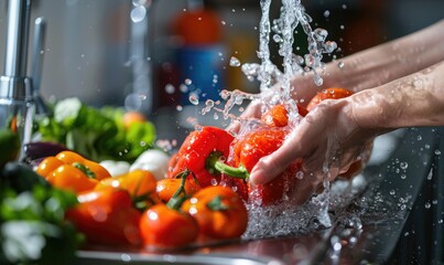 Wall Mural - Woman washing vegetables with a vigorous splash of water