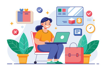 Poster - a woman sitting on a chair while using a laptop, online shopper, simple and minimalist flat vector i