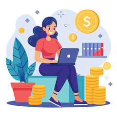 Poster - a woman sits on a pile of coins, operating a laptop, online shopping, a woman sitting on coins is sh