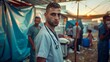 Committed Healthcare Professional in a Refugee Camp at Dusk. Generative ai