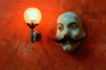 Poster - A man's face with a moustache painted on a wall next to a light bulb. Perfect for creative concepts and artistic designs
