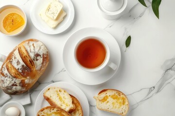 Poster - A table with plates of food and a cup of tea. Suitable for food blogs or restaurant menus