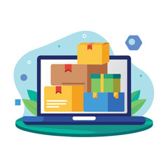 Poster - A laptop with several boxes on top of it, symbolizing online shopping and package delivery, Online shopping package delivery, Simple and minimalist flat Vector Illustration