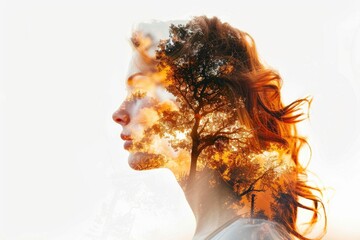 Poster - A woman with long hair standing in front of a tree. Suitable for nature or beauty concepts