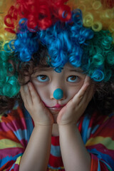 Canvas Print - A sad child with a clown wig and colorful hair posing for a picture. Generative AI.