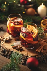 Poster - Two glasses of wine with orange slices and spices. Perfect for food and beverage concept