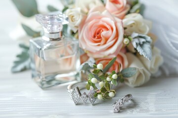 Sticker - Bouquet of flowers and ring on table. Perfect for wedding concept