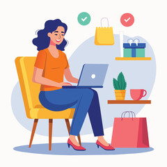 Sticker - A woman sitting in a chair while using a laptop for online shopping, Online shopping woman sitting in chair using laptop, Simple and minimalist flat Vector Illustration