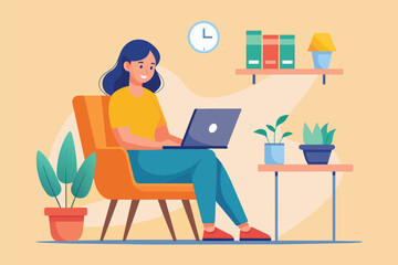 Poster - A woman is seated in a chair, using a laptop for online shopping, Online shopping woman sitting in chair using laptop, Simple and minimalist flat Vector Illustration