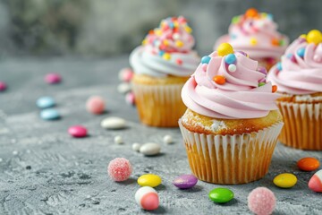 Poster - Three delicious cupcakes with pink frosting and colorful sprinkles, perfect for bakery or celebration concepts