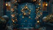   A blue front door adorned with a wreath and Christmas decorations; one side exhibits additional festive hangings Lights gracefully frame the side